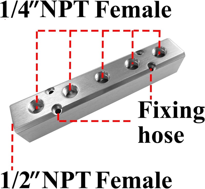 beduan 5 Way 7 Port 1/2"NPT Input Port 1/4"NPT Output Port Aluminum Air Hose Inline Manifold Block Splitter,Pneumatic Air Compressor Manifold Fitting - Image 3